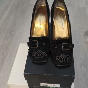 Dolce & Gabbana Black Suede Pumps with Square Toes And Buckle Detail